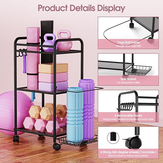 Highpro Home Gym storage Rack - Gym Equipment Storage Rack for Yoga Mat Yoga Ball Dumbbells Kettlebells Foam Roller Yoga Strap and Resistance Bands Workout Equipment Organizer