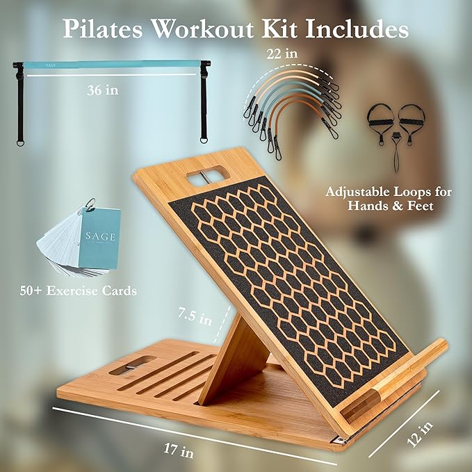 3-in-1 Pilates Workout Kit by Sage London - Premium Bamboo Slant Board, Pilates Bar Kit with Resistance Bands & 54 Exercise Cards for Home Workouts, Calf Stretcher, Squats, and Pilates Training