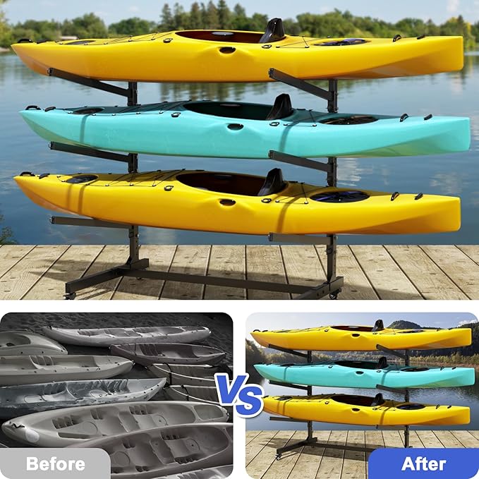 Heavy Duty Freestanding Kayak Storage Rack, Adjustable Metal Stand for Kayaks, Canoes, SUPs, Paddleboards & Surfboards with Lockable Wheels, Indoor & Outdoor Use