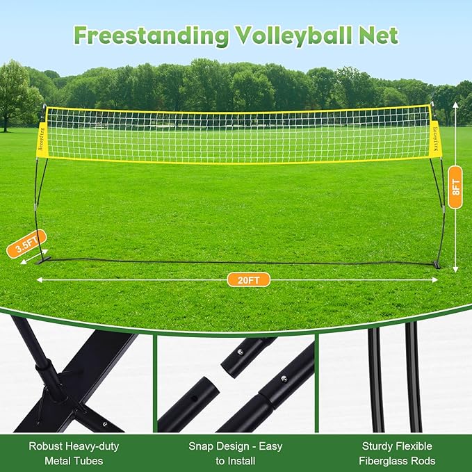 20FT/12FT Freestanding Volleyball Training Net, 5 Height Adjustable Portable Volleyball Net System, Quick Setup Practice Set for Indoor or Outdoor Use