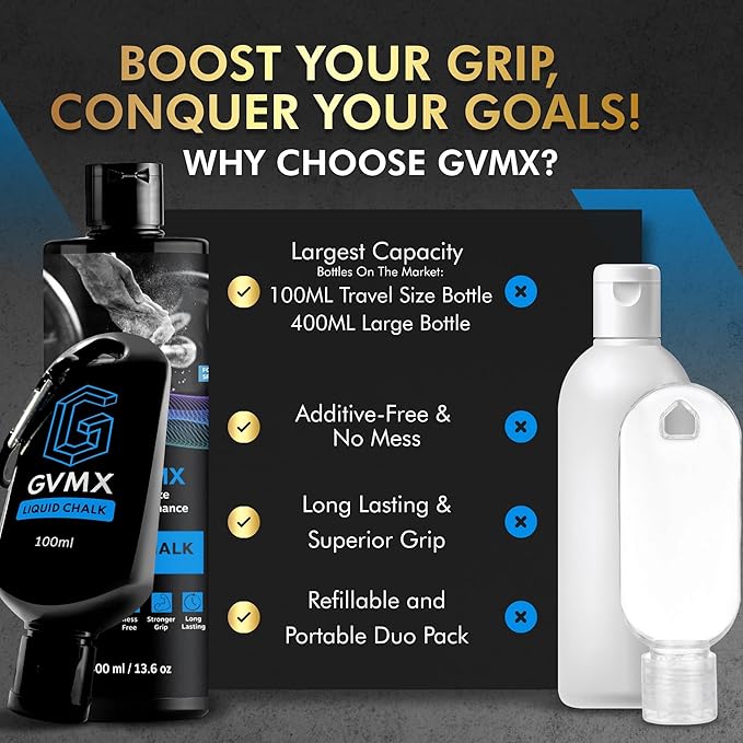 50ML/100ML/400ML Superior Grip Premium Liquid Chalk. Long Lasting Mess-Free Gym Chalk for Weightlifting, Gymnastics, Climbing. Fast Drying Refillable Gym Accessories. Package May Vary.
