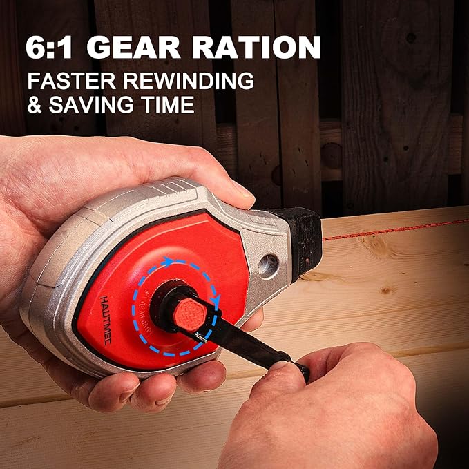 HAUTMEC Chalk Line, 30m/100ft Chalk Line Tool with Red Chalk, 6:1 Gear Ratio Reel, Chalk Box for Carpenters and Builders, HT0358