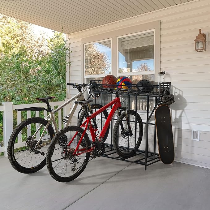 HEALTH LINE PRODUCT 4 Bike Stand Rack, Indoor Bike Storage, Bicycle Rack for Garage - Metal Stability Floor Bicycle Station for Parking Mountain/Road/Hybrid/Fat Tire & Scooters Bike Rack for Garage