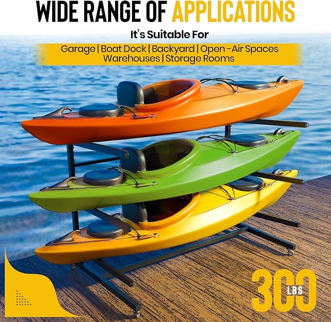 Heavy Duty Freestanding Kayak Storage Rack | 3 Tier Rack for Kayaks, Canoes, or SUPs | Adjustable Outdoor Kayak Storage | Indoor/Outdoor Weather Resistant Water Sports Storage Rack