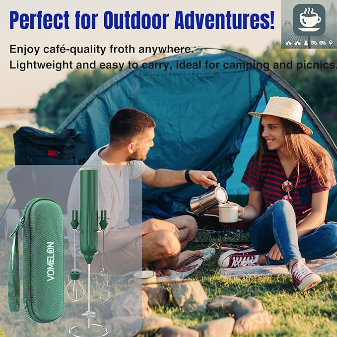 Milk Frother Handheld with 3 Stainless Steel Whisks, Rechargeable Electric Drink Mixer with Stand & Travel Case, Milk Foamer for Coffee, Latte, Cappuccino, Hot Chocolate, Egg,Jam Supplement-Green
