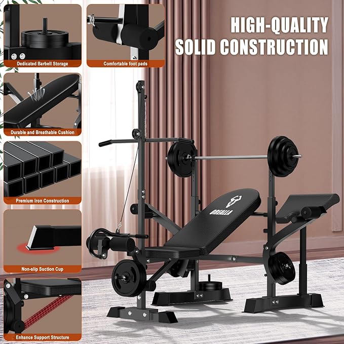 Adjustable Weight Bench - 8 in 1 Multi-Function Bench Press Set Full Body Strength Training Workout Equipment with Leg Developer, Chest Fly, Preacher Curl Pad for Home Gym