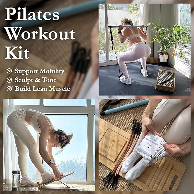 3-in-1 Pilates Workout Kit by Sage London - Premium Bamboo Slant Board, Pilates Bar Kit with Resistance Bands & 54 Exercise Cards for Home Workouts, Calf Stretcher, Squats, and Pilates Training