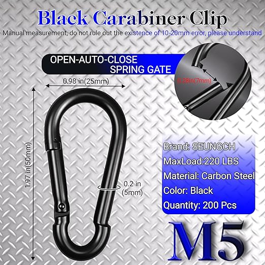 200 PCS M5 Carabiners, 3/16Inch Galvanized Steel Black Quick Link Small Carabiner Clips, 2'' Spring Carabiner Link Buckle for Fishing Camping Hammock Dog Leashes-220LBS Holding Capacity