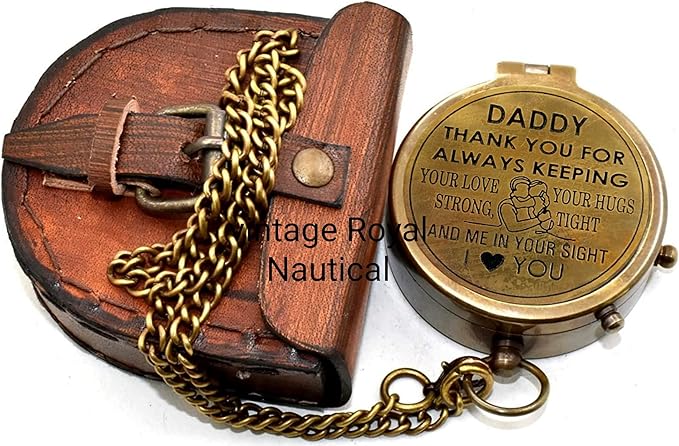 AASIYA Brass Pocket Chain Compass with Leather Case