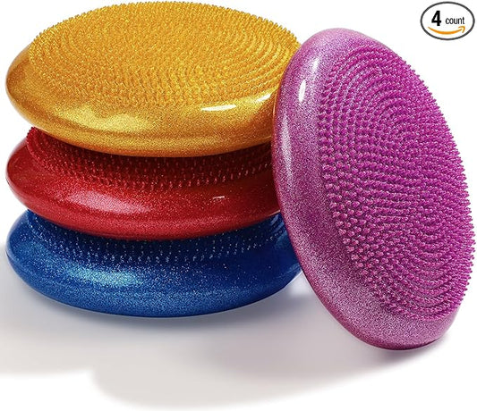 Libima 4 Pcs Glitter Wiggle Seat for Sensory Kids Inflated Wobble Cushion Sensory Seat Flexible Seating for Classroom Elementary, Balance Disc with Pump for Kids Adult Office Home