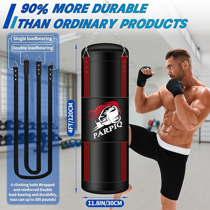Heavy Punching Bag for Adults, 4FT New Upgrade PU Boxing Bag Set, Punch Bag with 12oz Boxing Gloves for MMA Karate Kickboxing Muay Thai Training Kickboxing Boxing -Unfilled