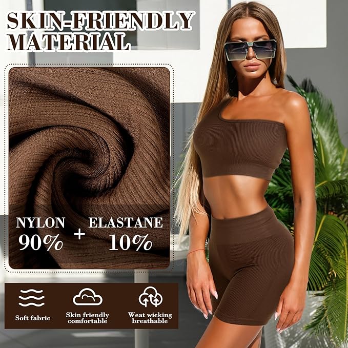 4 Pcs Women's Workout Sets Pilates Exercise Outfit Ribbed Scoop Neck Sports Bra Shorts Leggings Gym Clothes Set