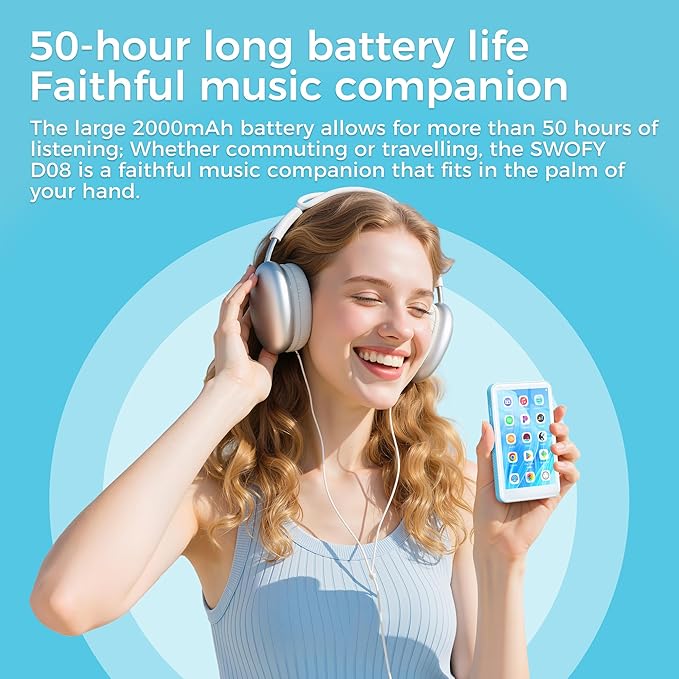 160GB MP3 Player with Bluetooth and WiFi, SWOFY D08 Android 13 OS MP3 & MP4 Players with 4" Touchscreen and HD Speaker,Music Players with Spotify,Pandora, Audible, Amazon Music, Play Store, FM Radio