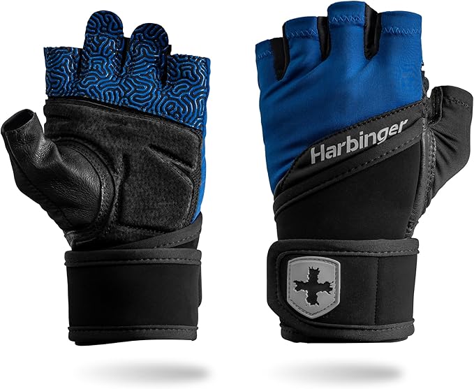 Harbinger Training Grip Wrist Wrap Gloves - Enhanced Grip & Wrist Support, Breathable Lycra Back, Padded Leather Palm, Half-Finger Design, Quick Pull Tabs - Ideal for Weightlifting, Gym - Men's