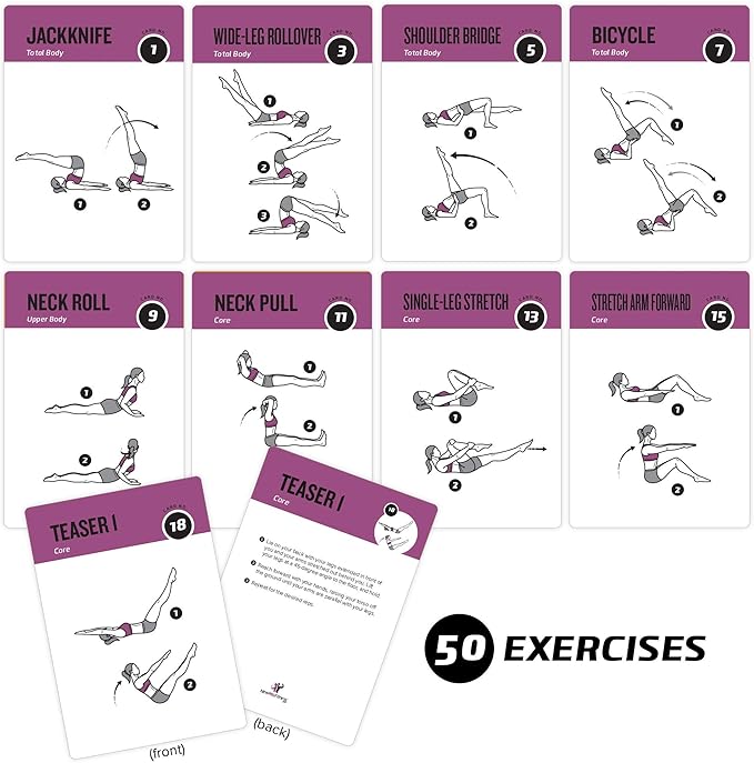 62 Pilates Exercise Cards, for Men/Women: Home, Gym or Studio: 50 Exercises, 12 Stretches 6 Training Exercises for Beginner to Advanced Waterproof