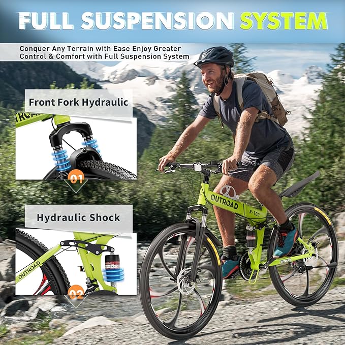 26 Inch Folding Mountain Bike, 21 Speed Full Suspension Bicycle with High-Carbon Steel, Dual Disc Brake Non-Slip Quick Release tire Folding Bicycle for Adults/Men/Women