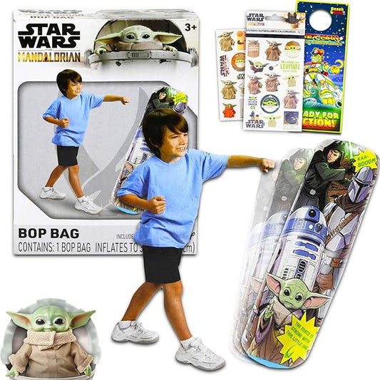 Mandalorian Bop Bag for Kids - Star Wars Toy Bundle with Baby Yoda Punching Bag for Outdoor Play, Plus Stickers and More | Mandalorian Excercise Toy for Kids