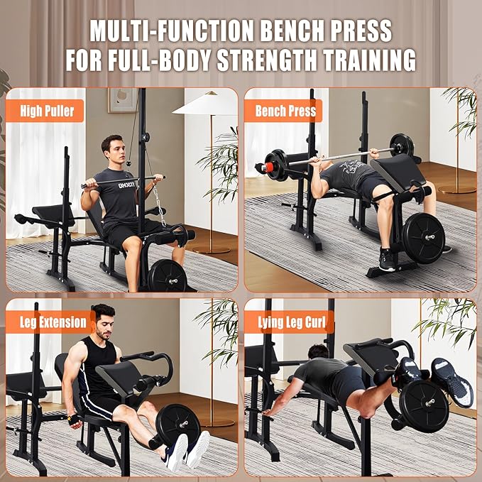 Adjustable Weight Bench - 8 in 1 Multi-Function Bench Press Set Full Body Strength Training Workout Equipment with Leg Developer, Chest Fly, Preacher Curl Pad for Home Gym
