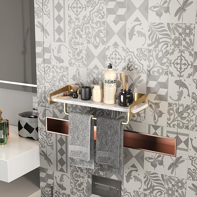 Marble Bathroom Shelf with Towel Bar 16" Metal