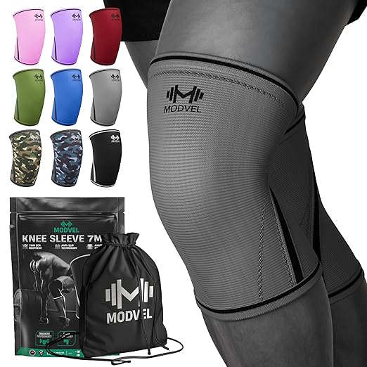 Modvel 7mm Neoprene Knee Sleeves for Men & Women Weightlifting & Powerlifting – Compression Knee Sleeve Support for Squats, Gym, Training – USPA, IPL Approved – Medium Grey (Pair)