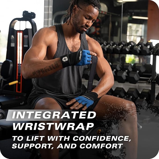 Harbinger Training Grip Wrist Wrap Gloves - Enhanced Grip & Wrist Support, Breathable Lycra Back, Padded Leather Palm, Half-Finger Design, Quick Pull Tabs - Ideal for Weightlifting, Gym - Men's