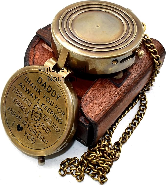 AASIYA Brass Pocket Chain Compass with Leather Case