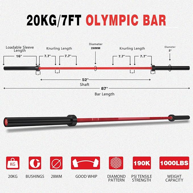 7ft Olympic Barbell for Strength Training and Olympic Weightlifting 500 700 700 1000LBS 1000LBS Capacity 2 Inch