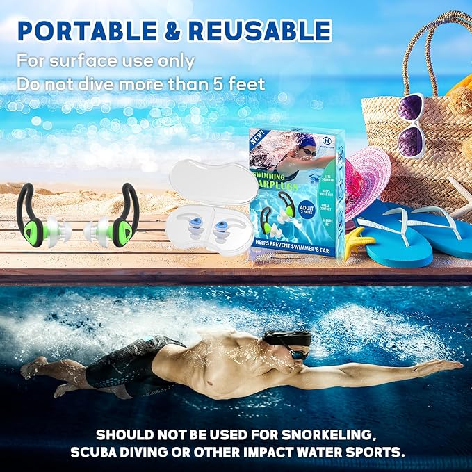 Hearprotek Swimmer Ear Plugs, [2 Pairs] Custom-fit Water Protection Adult Swimming earplugs for Swimmers Pool Shower Bathing and Other Water Sports(Blue&Green)