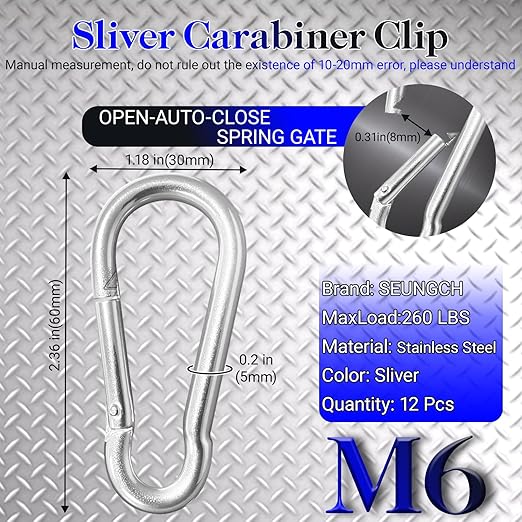 12 Pack Sliver Carabiner Clips, 2.36 Inch Heavy Duty Spring Snap Hooks - Small Locking Carabiners for Camping, Hiking, Hammocks, Swing Sets, Keychains, Fishing & Outdoor Gear