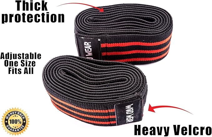 Heavy Duty Knee Support Compression Wraps (Pair) Elastic Velcro for Weightlifting, Powerlifting, Crossfit, Fitness, Unisex, Red