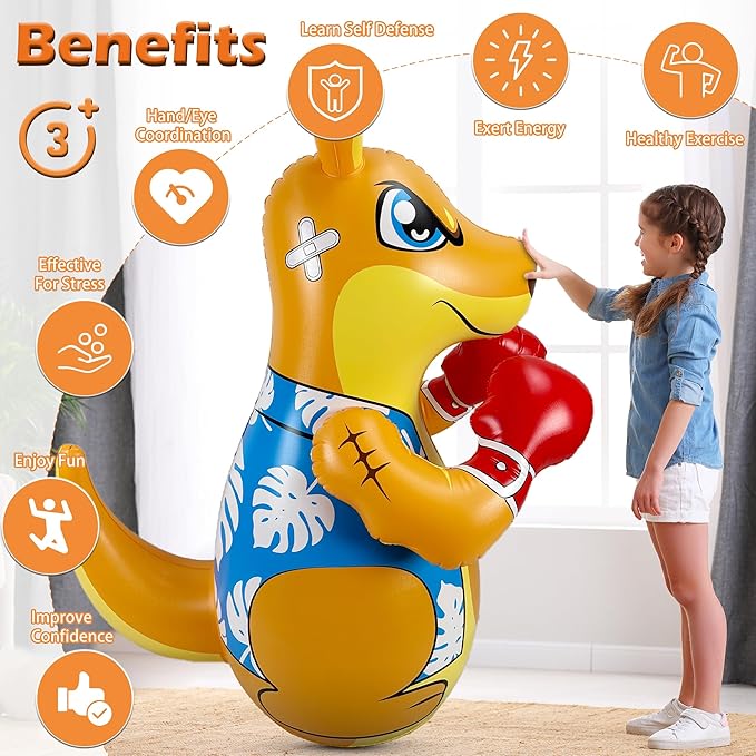 Kids Punching Bag 3-8 with Air Pump, Toddler Punching Bags for Kids, Inflatable Dinosaur Toy with Bounce- Back Action, Safe Gifts for Boys & Girls Age 3-5 Add Tossing Game