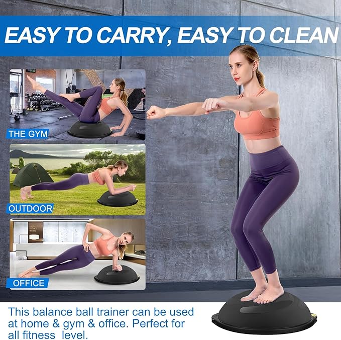 25in Half Balance Ball, 1500lb Inflatable Wobble Board Trainer, Non-slip Base Yoga Ball for Strength Training, Includes 2 Bands and Pump, Enhance Your Balance Training and Yoga Practice