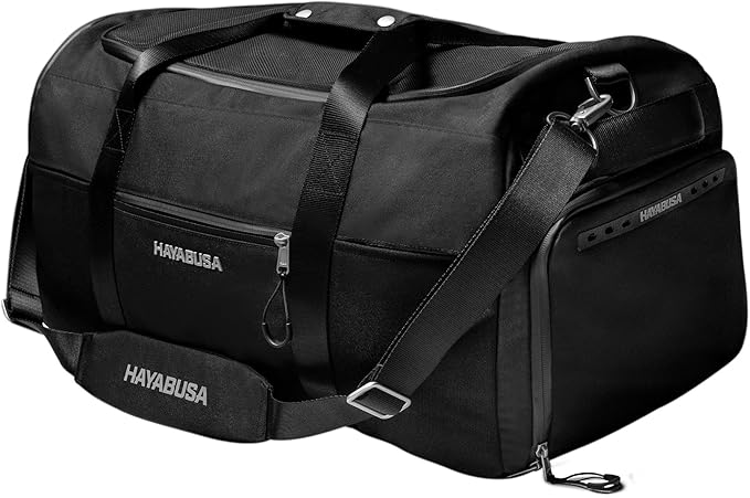 Hayabusa Airstream Athletic Duffle Gym Bag for Women and Men - Black, 50l duffle bag - 7 zippered Pockets, Good for travel, Boxing, MMA, BJJ, kickboxing, Muay Thai, wrestling, Glove/Shoe Compartment