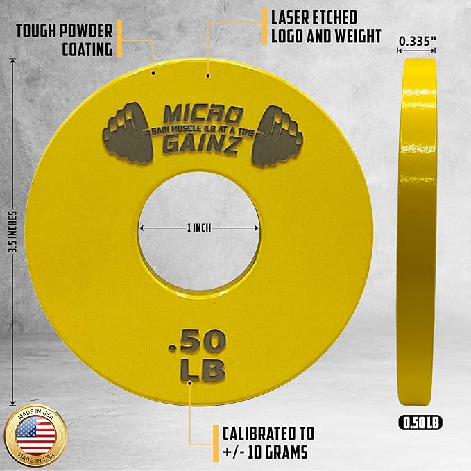 Micro Gainz Standard 1-Inch Center Hole Yellow .50LB Fractional Weight Plates 8 Piece Set- Designed for Standard 1-Inch Barbells and Dumbbells, Made in USA