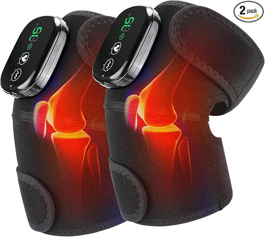 MOAJAZA Knee Massager with Heat and Vibration, Cordless Knee Heating Pad Shoulder Brace, Heated Knee Elbow Shoulder Brace Wrap for Arthritis (Pack of 2 Black)