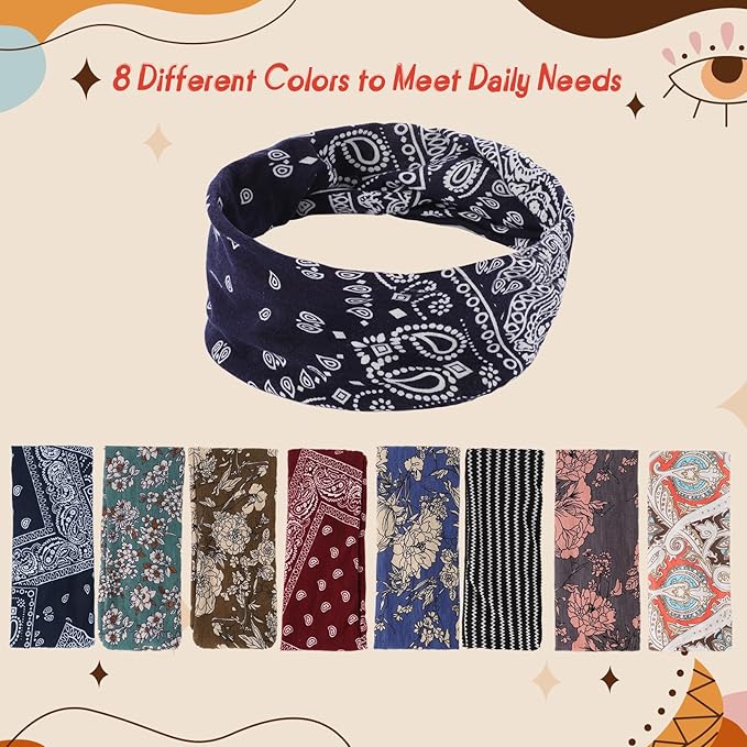 Headbands for Women, 8 Pack Boho Style Headbands Non Slip Fashion Wide Headband Hair Wrap for Daily Use Sport Yoga Running