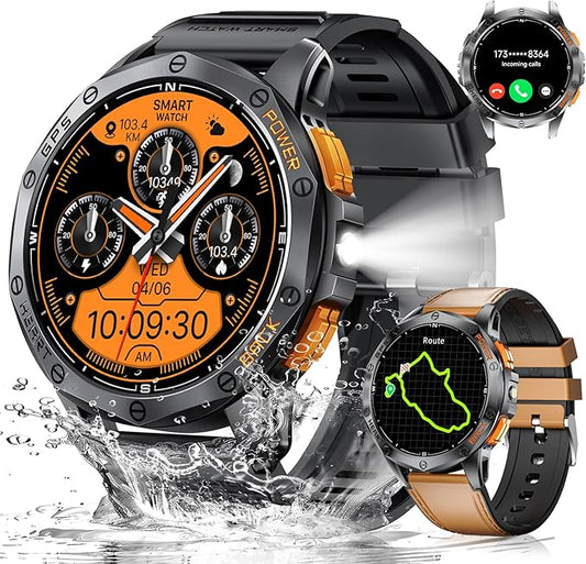LIGE GPS Military Smart Watch for Men (Answer/Make Calls), 100+ Sports Modes Fitness Smart Watch, LED Flashlight/Compass/45 Days Battery/IP68 Waterproof 1.43'' AMOLED Smartwatch for Android iOS