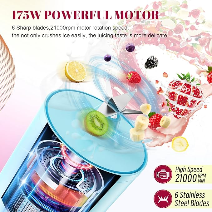 2PCS Portable Personal Blender 17 OZ/500 ML Juicer, 175W Personal Size Blender, Ideal for Smoothies, Ice Blending, Juicing, and Food Processing, Compact, Convenient, and Versatile（Blue&White）