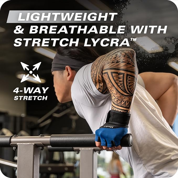 Harbinger Training Grip Wrist Wrap Gloves - Enhanced Grip & Wrist Support, Breathable Lycra Back, Padded Leather Palm, Half-Finger Design, Quick Pull Tabs - Ideal for Weightlifting, Gym - Men's