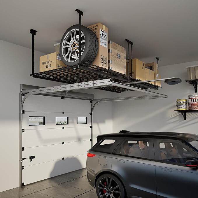45-Inch x 45-Inch Overhead Garage Storage Rack, 17"-28" Height Adjustable Garage Ceiling Storage Racks, Heavy Duty Storage Organizer System, 250LBS Weight Capacity, Black