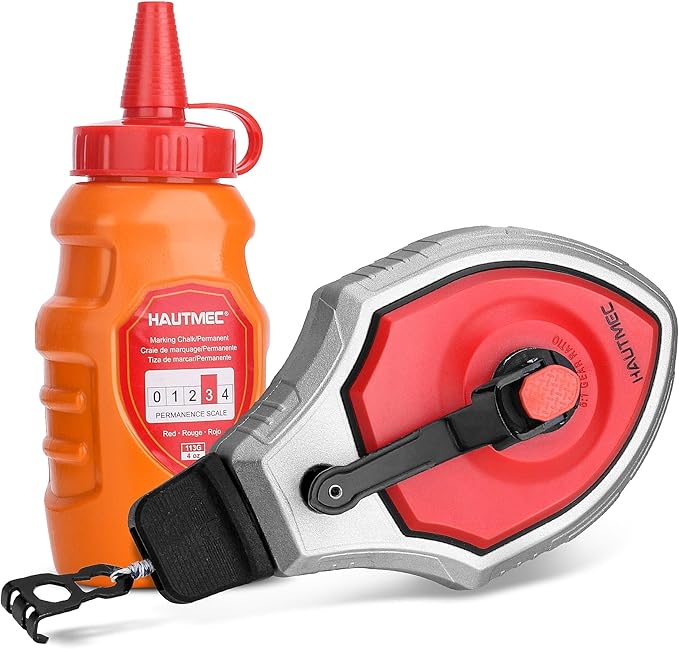 HAUTMEC Chalk Line, 30m/100ft Chalk Line Tool with Red Chalk, 6:1 Gear Ratio Reel, Chalk Box for Carpenters and Builders, HT0358