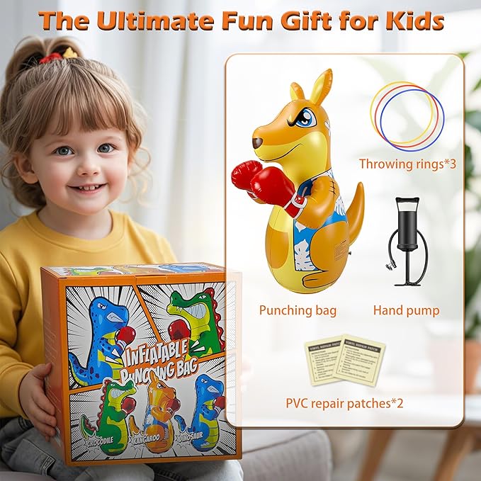 Kids Punching Bag 3-8 with Air Pump, Toddler Punching Bags for Kids, Inflatable Dinosaur Toy with Bounce- Back Action, Safe Gifts for Boys & Girls Age 3-5 Add Tossing Game