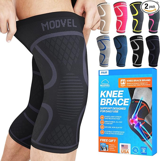 Modvel 2 Pack Knee Brace for Women & Men - Workout Knees Compression Sleeve for Knee Pain Relief Joint Support for ACL, Arthritis, Meniscus Tear Knees Brace for Sports, Rodilleras para Gym Fitness