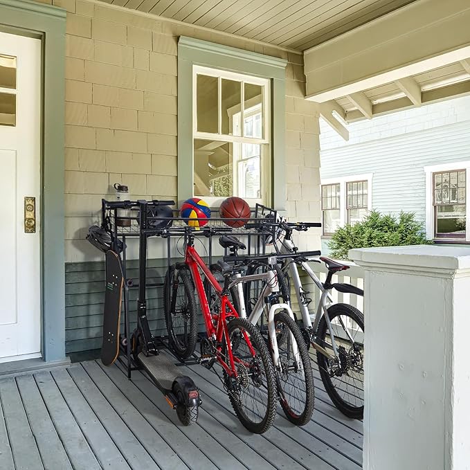 HEALTH LINE PRODUCT 4 Bike Stand Rack, Indoor Bike Storage, Bicycle Rack for Garage - Metal Stability Floor Bicycle Station for Parking Mountain/Road/Hybrid/Fat Tire & Scooters Bike Rack for Garage