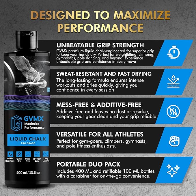 50ML/100ML/400ML Superior Grip Premium Liquid Chalk. Long Lasting Mess-Free Gym Chalk for Weightlifting, Gymnastics, Climbing. Fast Drying Refillable Gym Accessories. Package May Vary.