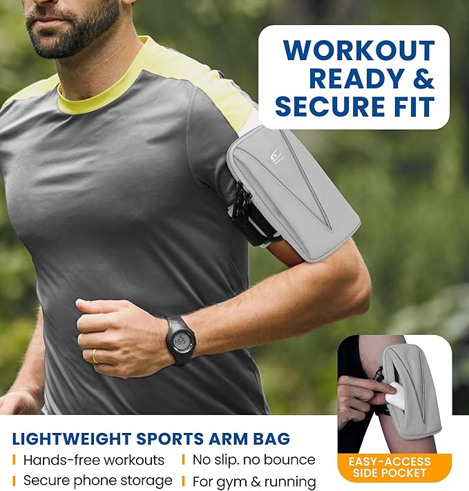 HiRui Cell Phone Holder Arm Bag & Wrist Bag for Phone, Sports Running Armband for Gym & Cycling, Compatible with iPhone 16/16Pro/Plus/15/14 Samsung Galaxy All Phones, Reflective & Adjustable (Gray)