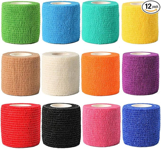 (12-Pack) 2” x 5 Yards | Self Adhesive Bandage Wrap, Kuvvfe Athletic Elastic Cohesive Bandage for Sports Injury,Strain,Knee & Wrist,Ankle Sprains & Swelling First Aid