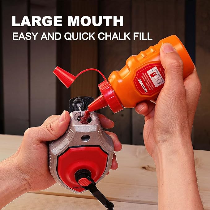 HAUTMEC Chalk Line, 30m/100ft Chalk Line Tool with Red Chalk, 6:1 Gear Ratio Reel, Chalk Box for Carpenters and Builders, HT0358