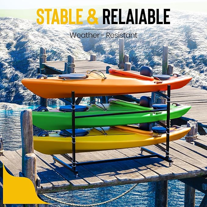 Heavy Duty Freestanding Kayak Storage Rack | 3 Tier Rack for Kayaks, Canoes, or SUPs | Adjustable Outdoor Kayak Storage | Indoor/Outdoor Weather Resistant Water Sports Storage Rack