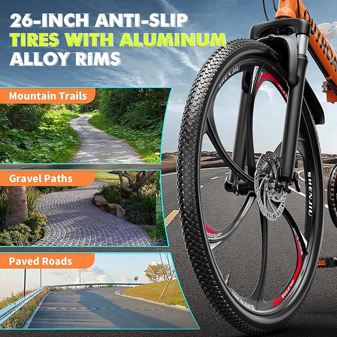 26 Inch Folding Mountain Bike, 21 Speed Full Suspension Bicycle with High-Carbon Steel, Dual Disc Brake Non-Slip Quick Release tire Folding Bicycle for Adults/Men/Women